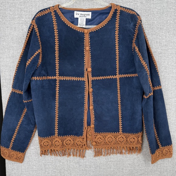 Vintage Lew Magram Suede Skirt Set Women 14 Blue Crochet Fringe Boho Western - Picture 3 of 16